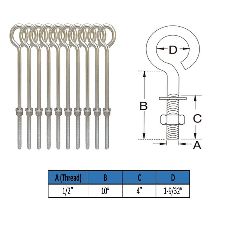 10 PC 1/2" x 10" Stainless Steel Forge Style Marine Wire Turned Eye Bolt 250 Lb Cap.