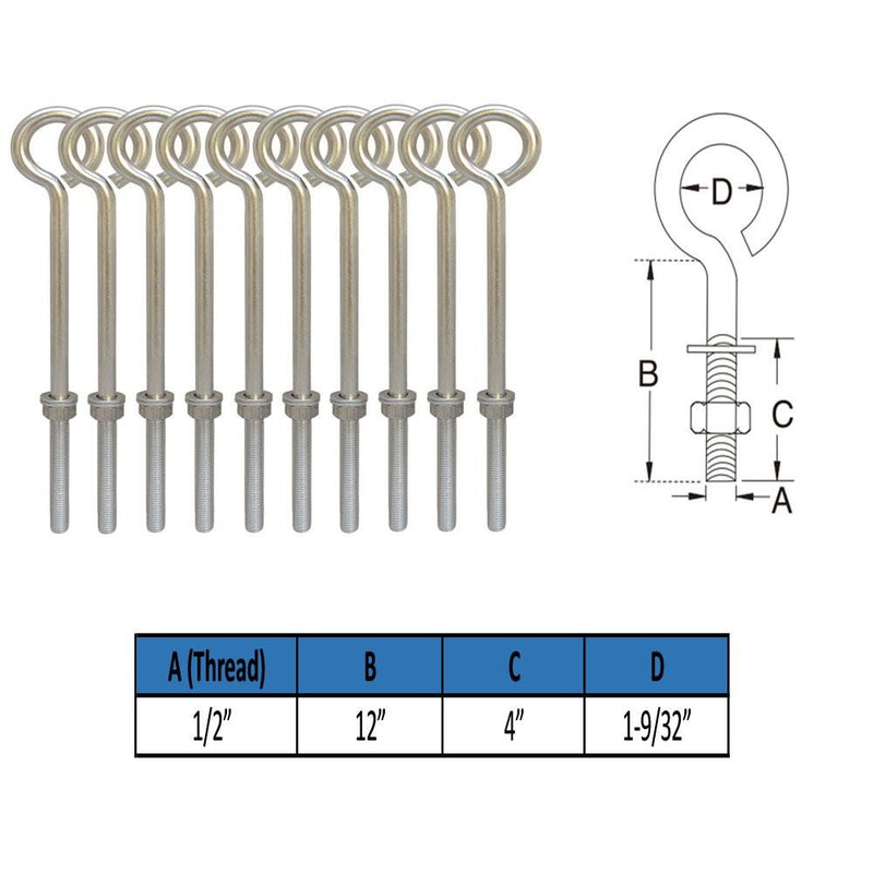 10 PC 1/2" x 12" Stainless Steel Forge Style Marine Wire Turned Eye Bolt 250 Lb Cap.