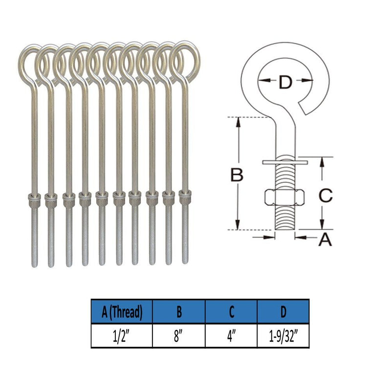 10 PC 1/2" x 8" Stainless Steel Forge Style Marine Wire Turned Eye Bolt 250 Lb Cap.