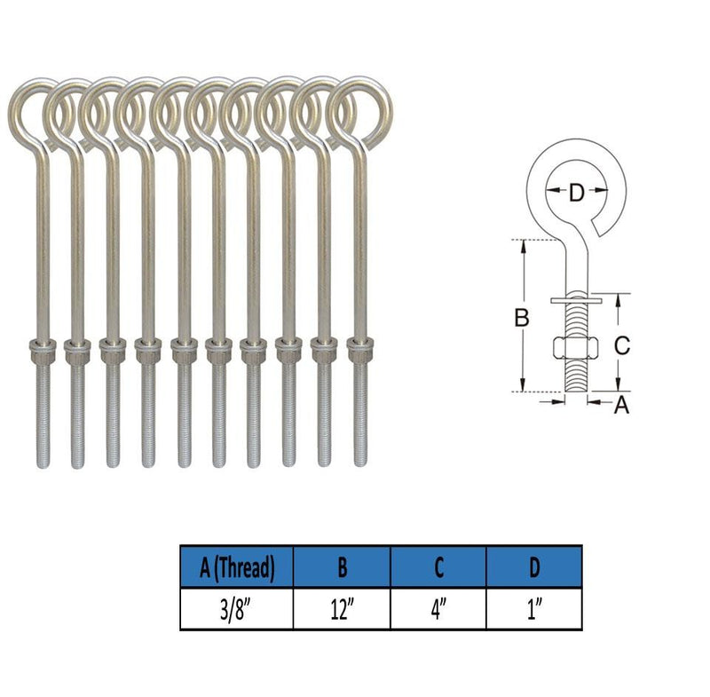 10 PC 3/8" x 12" Stainless Steel Forge Style Marine Wire Turned Eye Bolt Nut Washers 140 Lb Cap.