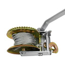 Silver steel 1200 lbs hand winch with cable reel and crank handle for lifting or pulling.