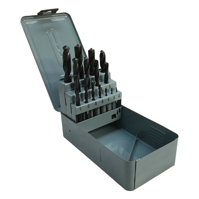 15 PC Jobber Drill Set HSS 1/16 - 1/2" By 32nd with Metal Index Box 118 Degree Straight Shank