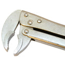 Industrial long-reach clamp pliers featuring bent jaws and a locking mechanism.