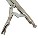 Slim profile extended locking pliers with curved nose for gripping components in narrow spaces