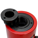 Red high capacity hollow hydraulic cylinder jack designed for heavy lifting and industrial maintenance.
