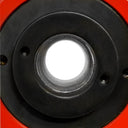 Compact 20 ton hollow plunger hydraulic ram with labeled specifications and hydraulic port fitting.