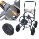Mobile garden hose cart with 4 wheels, steel frame, and corrosion-resistant finish
