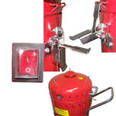 Portable red sand blaster cart with yellow safety label and coiled vacuum recovery hoses.
