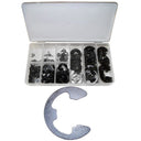 Assorted metal E-clips organized in labeled plastic box for easy storage and selection.