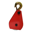 Aluminum snatch block pulley with red housing, steel fittings, and safety latch hook.