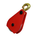 Industrial rigging block with aluminum pulley, red steel plates, and swivel hook assembly.