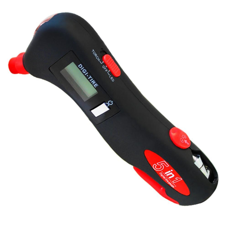 5 In 1 Auto Emergency Tool LED Light Seat Belt Cutter Tire Gauge Breaking Hammer