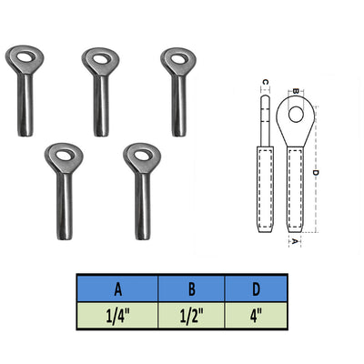 5 Pc 1/4'' Wire Rope Stainless Steel 316 Swage Eye Terminal Boat Marine