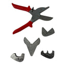 5 pc plumbing pipe cutter set with heat-treated forged blade and multiple anvil attachments.