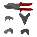 Pipe cutter with red ergonomic handles and steel anvils for cutting PVC, plastic, and rubber tubing.