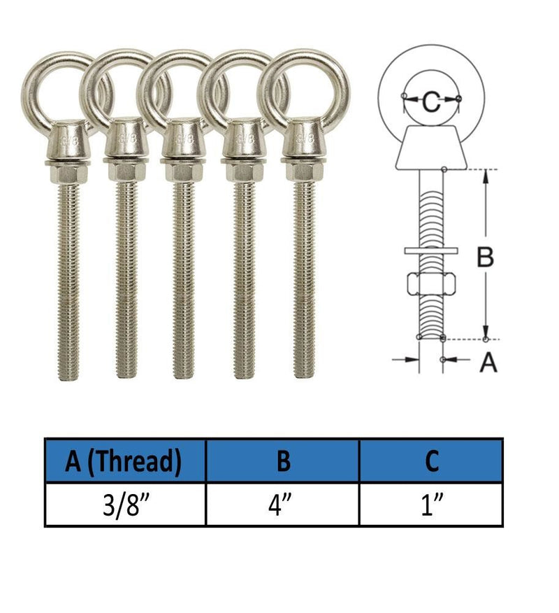 5 PC Stainless Steel 3/8" x 4" Shoulder Lift Eye Bolt Rigging Ring Bolt Machine Mount Fully Threaded 1,000 Lb Cap