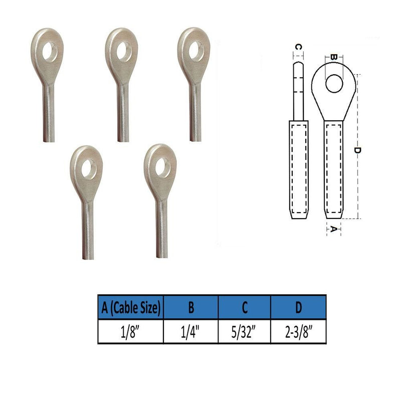 5 PC Swage Eye Terminal End for 1/8" Wire Rope Solid Stainless Steel 316 Grade