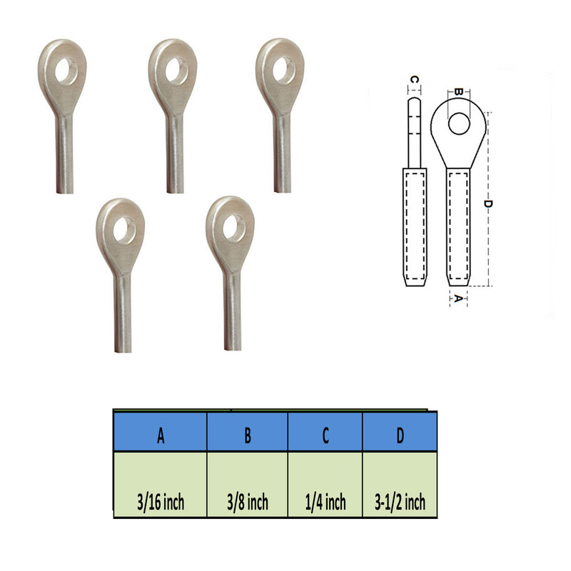 5 PC Swage Eye Terminal End for 3/16" Wire Rope Solid Stainless Steel 316 Grade