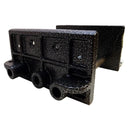 Black under-bench wood vise clamp with steel guide rods and turning handle
