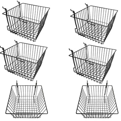 6Pc 12"x 12"x 8" Deep Basket Display Rack Black Metal Wire Slatwall Gridwall Pegboard