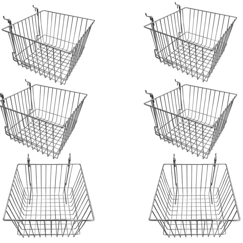 6Pc 12"x 12"x 8" Deep Basket Display Rack Chrome Metal Wire Slatwall Gridwall Pegboard