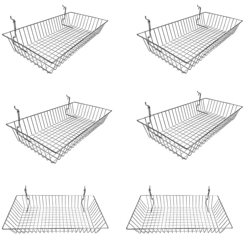 6Pc 24"x 12"x 4" Shallow Basket Display Rack Chrome Metal Wire Slatwall Gridwall Pegboard