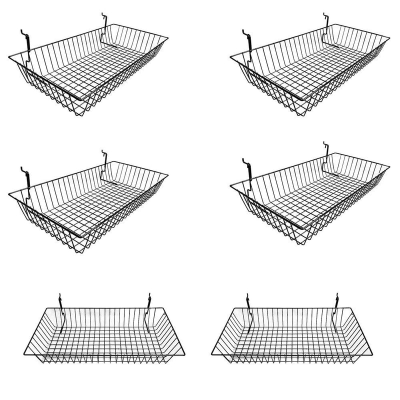 6Pc 24"x 12"x 4" Shallow Basket Display Rack Gloss Black Metal Wire Slatwall Gridwall Pegboard
