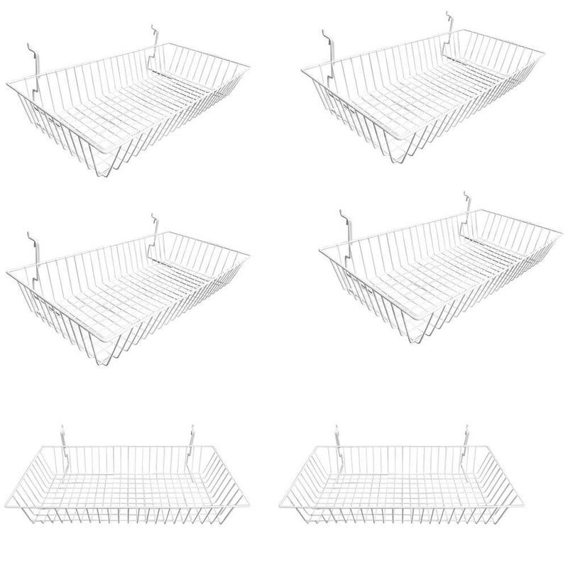 6Pc 24"x 12"x 4" Shallow Basket Display Rack White Metal Wire Slatwall Gridwall Pegboard