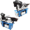 Heavy-duty horizontal vertical metal saw with blue stand and 110 volt motor