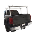 Contractor-style aluminum rack mounted over pickup bed with bedliner visible