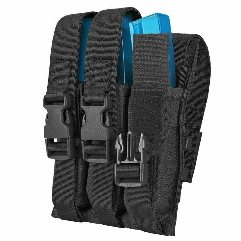 BLACK MOLLE Buckled Closure Triple Airsoft MP5 .22/9mm Magazine Mag Pouch