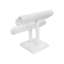 7-1/2" x 4-1/4" x 7" White Faux Leather Double T-Bar Bracelet Display Stand, Jewelry Holder with Dual Oval Bars for Bracelets, Bangles & Watches, Retail Counter Display