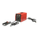 MMA stick welding machine with cooling vents and complete accessory set.