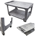Plastic 2 shelf mobile cart with casters for warehouse or maintenance use