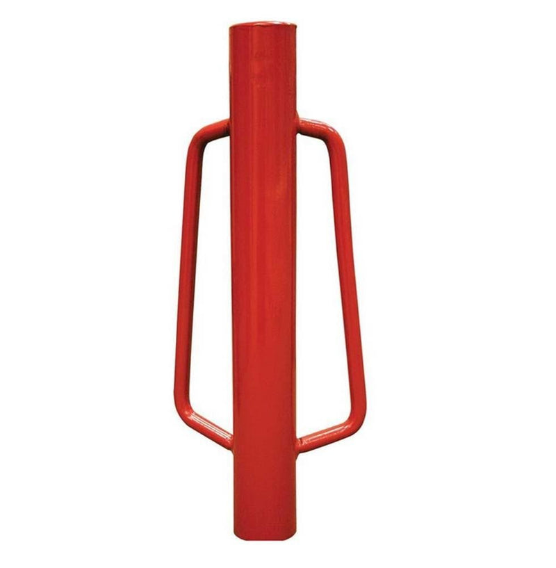 Manual fence post pounder with long tubular design and welded steel handles.