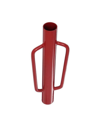 Red steel post driver tool for installing metal fence posts and garden stakes.