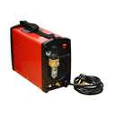 Red and black portable plasma cutter machine with front control panel, torch hose and ground clamp cables