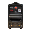 Red inverter plasma cutter with black side vents, front-mounted controls, and detachable torch cable and ground clamp on a white background.