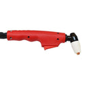 Portable red plasma cutting machine for welding work, shown with long flexible torch hose coiled in front and metal ground clamp cable.