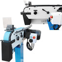 Metalworking belt sander with dust guard, adjustable stand, and control panel