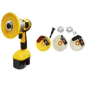 Power drill with yellow buffing pad attachment for polishing metal and plastic.