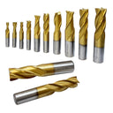 Set Of 10 PC 1/4''-3/4''  HSS 2 & 4 Flut End Mill Set Tin Coated Single End Shank Mills