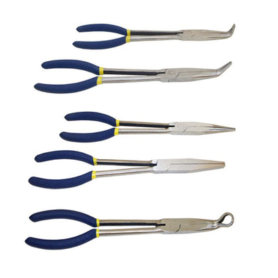 Set Of 5PC 11'' Long Nose Pliers Set Bent Nose, Hose, Cable Hand Tool Pouch Automotive