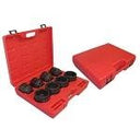 Close-up of black jumbo impact sockets arranged neatly in molded plastic toolbox.