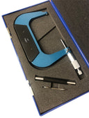 Digital micrometer measuring tool set in blue protective case