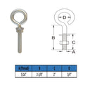 Stainless Steel 5/16" x 2" Turned Eye Bolt Rigging Ring Loop Lift Mount Fully Threaded 90 Lb Cap