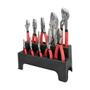 Complete 10 pc pliers and wrench set organized in black plastic holder.