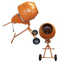 Electric cement mixer with tilting drum and tubular steel stand
