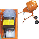 Tall portable concrete mixer cart with black wheels and open drum