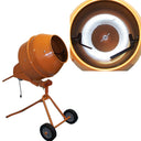 Orange 5 cu ft concrete mixer on rolling stand against white background